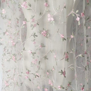 1 yard Lace fabric white tulle pink small flower green leaf embroidery both edges wedding lace bridal lace dress fabric veil lace 51&quot; width