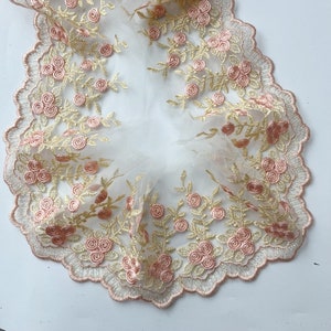 2 yards pink gold flower embroidery white tulle Lace trim exquisite flower tulle wedding lace bridal lace dress fabric 4.3" width