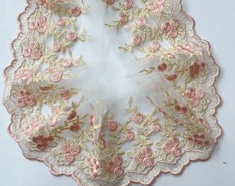 2 yards pink gold flower embroidery white tulle Lace trim exquisite flower tulle wedding lace bridal lace dress fabric 4.3" width