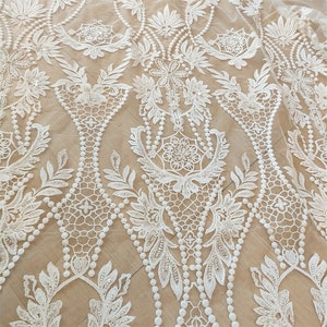 Tela de encaje de tul blanco con flores bordadas con cuentas y lentejuelas para boda, encaje de novia, vestido de novia, velo de encaje de 51&quot; de ancho