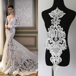 1pc ivory sequin mesh retro flower Lace Applique bead embroidery bodice applique altering Super Luxury Bridal wedding applique veil applique