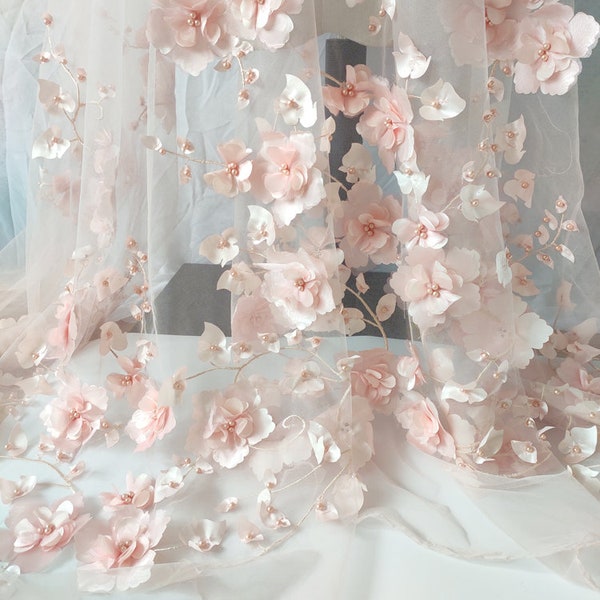 3D rose clair blanc pêche bleu rose en mousseline de soie fleur perlée perle douce tulle tissu mariage dentelle robe de mariée tissu 51 "largeur par yard