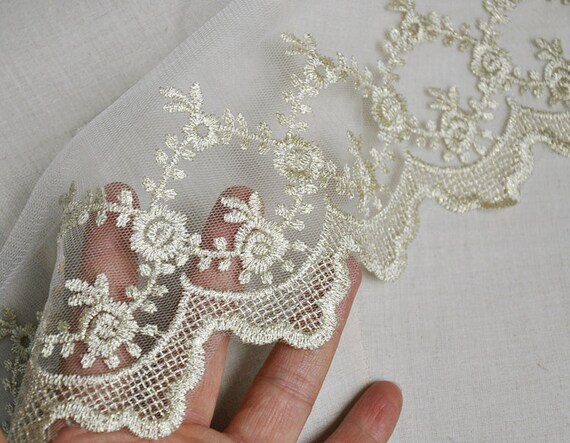2 Yards Lace Trim Ivory Tulle Pink Heart Exquisite Embroidery Floral Wedding Bridal Veil Lace 6.69 width High Quality