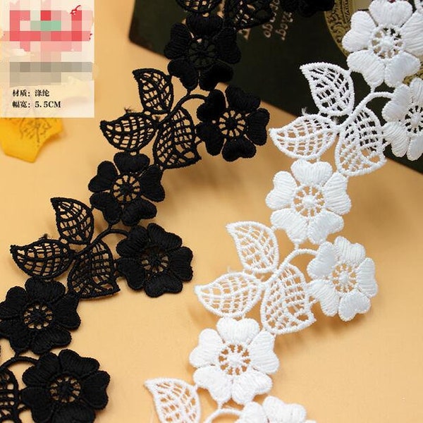 2 yards Lace Trim White Black Leaf Exquisite Flower Embroidered Lace Fabric 2.16" width