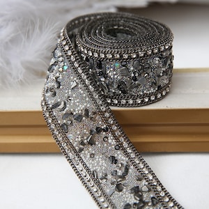 Lace trim rhinestone bead belt black pearl exquisite embroidery lace  lace dress fabric 1.37&quot; width