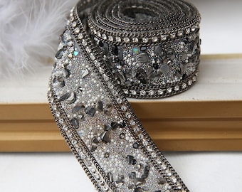 Lace trim rhinestone bead belt black pearl exquisite embroidery lace  lace dress fabric 1.37" width