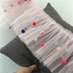 3 color Lace trim pink tulle 3d colorful pompom lace tutu tulle pleated ruffled Floding Lolita Lace wedding lace bridal lace dress veil lace
