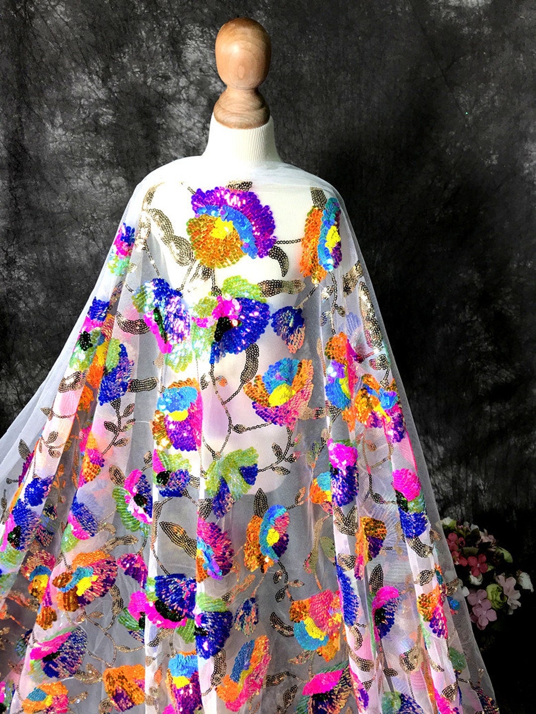 Beautiful Sequin Flower Bridal Lace Fabric Online