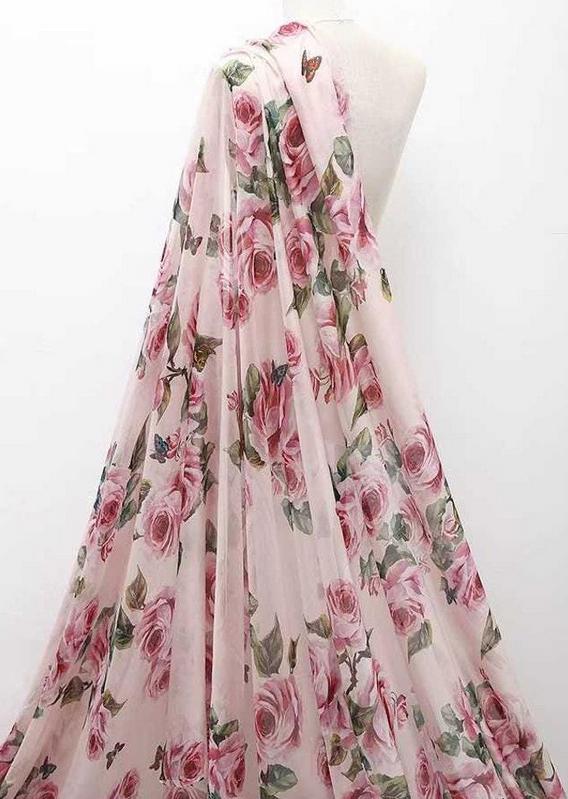 Tissu Artisanal Rose Bleu Mousseline - Imprimé Floral - Pour Créations Couture