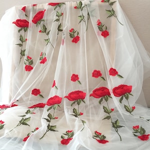 Red Rose Embroidery Lace Fabric Soft Apricot Tulle Floral For Wedding Fabric Bridal Dress Fabric Gown Lace Veil Lace  51&quot; width 1 yard