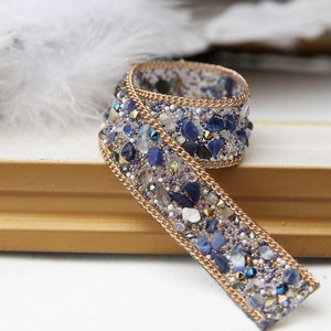 Lace trim rhinestone bead belt blue pearl exquisite embroidery lace  lace dress fabric 0.78" width