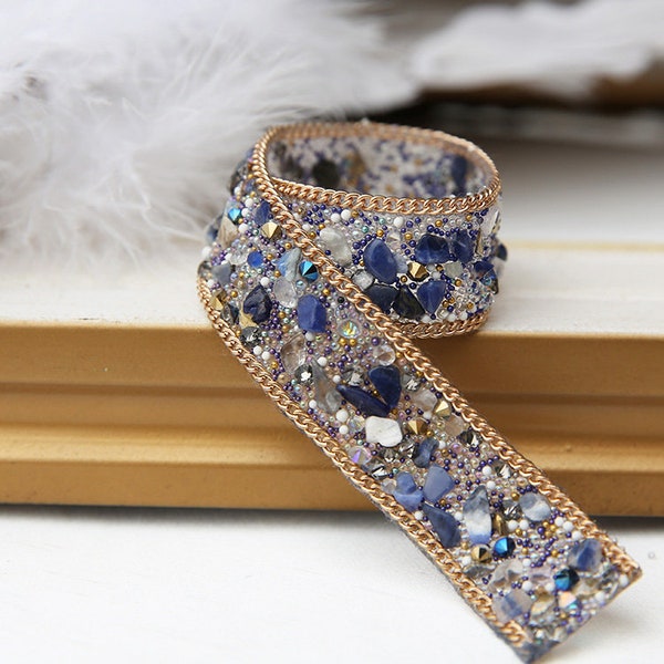 Lace trim rhinestone bead belt blue pearl exquisite embroidery wedding belt lace bridal belt lace dress fabric 0.78" width