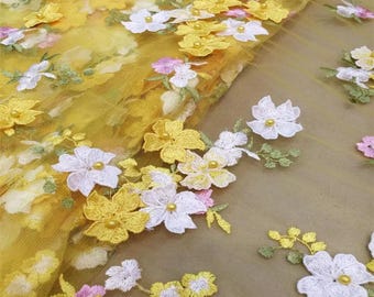 3D gul pärlstav tyll blomma grönt blad broderi spetstyg blommig broderad tyll för klänning brudslöja blommig spets 51" bredd