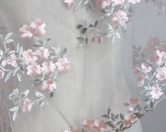 Tessuto in pizzo avorio, tulle, fiori rosa, foglie grigie, ricamo, morbido pizzo da sposa, tessuto per abito da sposa, velo in pizzo, larghezza 51", tagliato su misura.