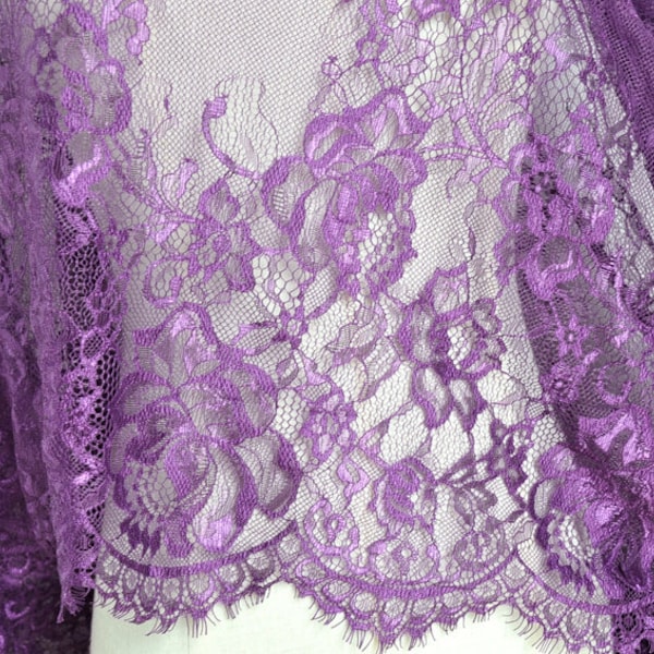 Purple lotus eyelash graceful exquisite embroidery soft tulle fabric wedding lace bridal lace dress fabric 59" width by the yard