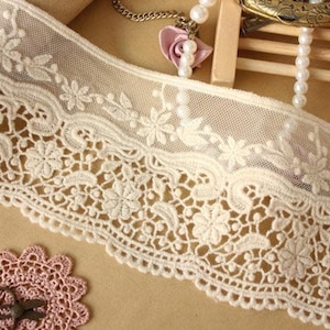 3 colors 2 yards Lace Trim Beige Tulle Ivory Black Cotton Floral Embroidery Wedding Trim 3.14" width