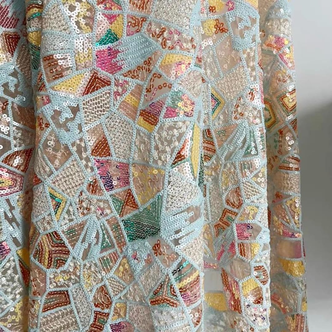 Colorful Sequin Flower Embroidered Apricot Tulle Floral Lace
