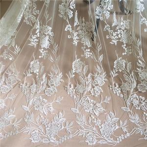 Lace Fabric Ivory Tulle Flowers Embroidered Tulle Flower Couture Dress Prom Dress For Wedding Dress Veil Costume Supplies 51&quot; width