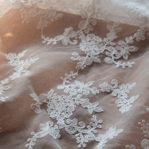 Lace fabric ivory organza small floral embroidery both edges soft wedding lace bridal lace dress fabric veil lace 51&quot; width by the yard