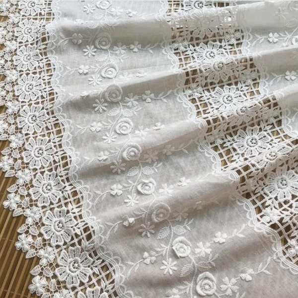 1 yard cotton fabric ivory elegant flower white exquisite high quality 3d embroidery fabric wedding lace bridal lace dress fabric 51" width