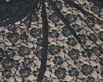 Floral Pattern on Black Stretch Lace Fabric by The Yard 