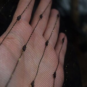 May include: Black sheer fabric with gold glitter dots and lines. The fabric is delicate and has a soft, flowing texture.
