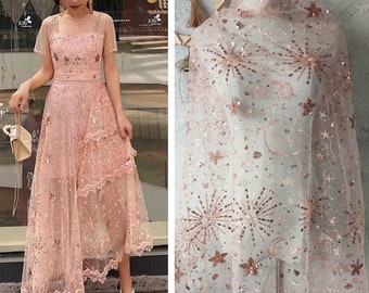 5 color lace fabric pink gold black tulle star moon sequin horse embroidery wedding bridal lace dress fabric veil lace 51" width by the yard