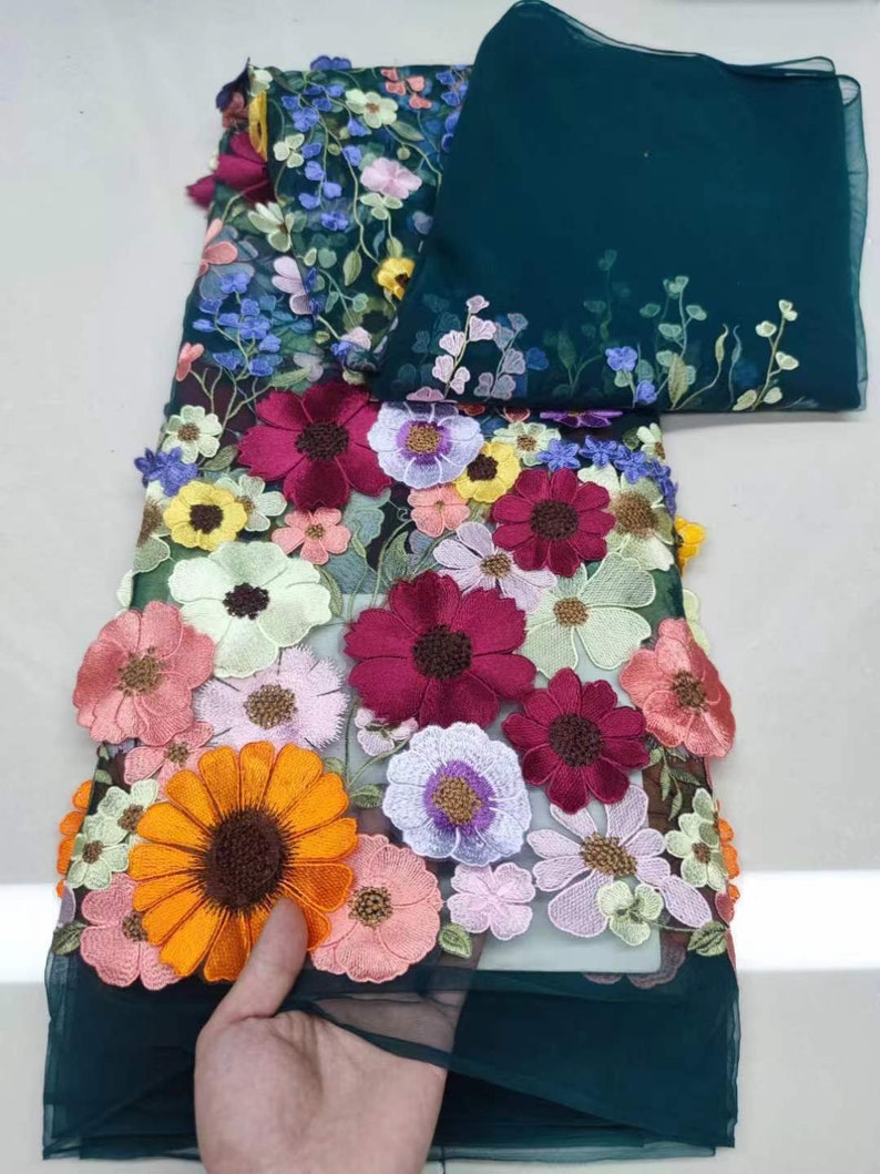 Tissu 3D en tulle brodé de fleurs denses multicolores colorés pour robe de mariée Tissu voile de mariée en dentelle 51 de large #5 dark green tulle
