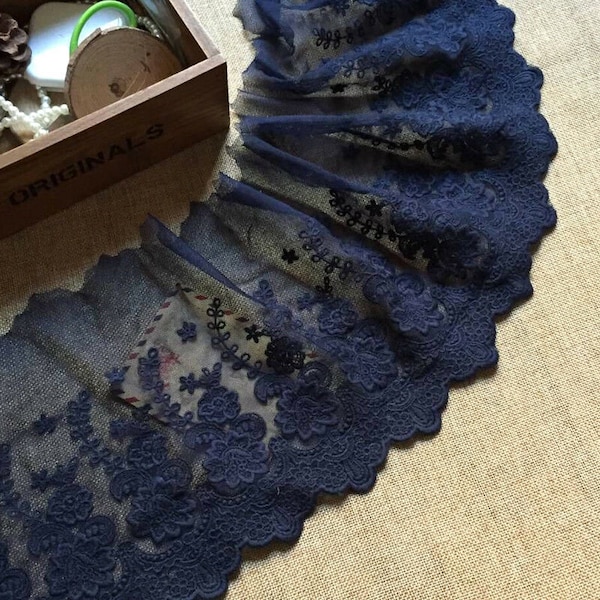 2 Yards Navy Blue Lace Trim Tulle Coton Star Floral Embroidered Lace 7.48" width