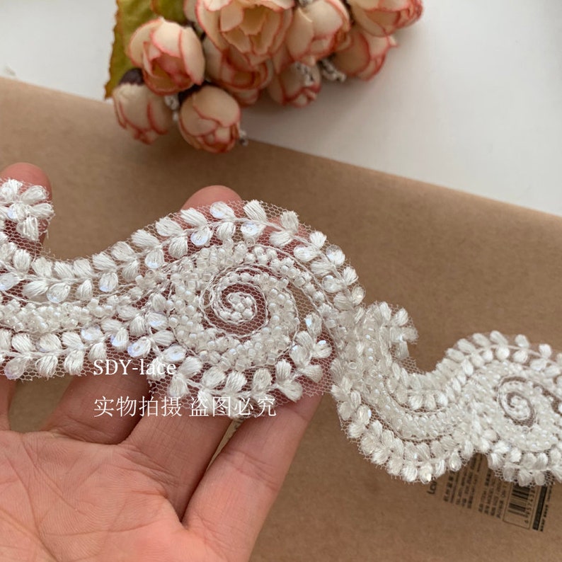 1 yards Lace trim bead pearl flower embroidery exquisite alice lace alencon embroidery wedding lace bridal lace dress fabric 1.96 width