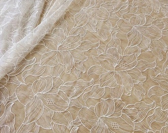 Lotus flower ivory tulle lace fabric exquisite embroidery soft tulle fabric wedding lace bridal lace dress fabric 51" width by the yard