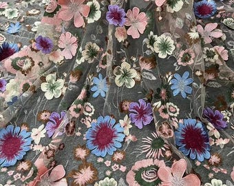3D colorful multicolored Dense flower embroidered White tulle lace fabric for Wedding Dress Fabric Dress Veil Bridal Lace Fabric 51" wide