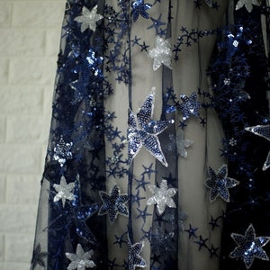 3 colors Lace Fabric Royal Blue Champagne Pink Star Flower Sequin Embroidered Couture Dress Prom Dress For Wedding Veil Costume Supplies
