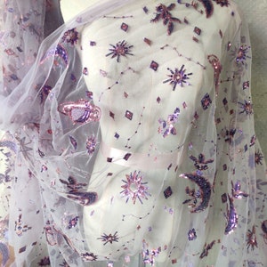 Lila Stern Mond Pailletten Stickerei Spitzenstoff Sterne Mond tüll Stoff Für Mädchen Kleid Tutu Kleid Hochzeitskleid Brautschleier 1 Yard