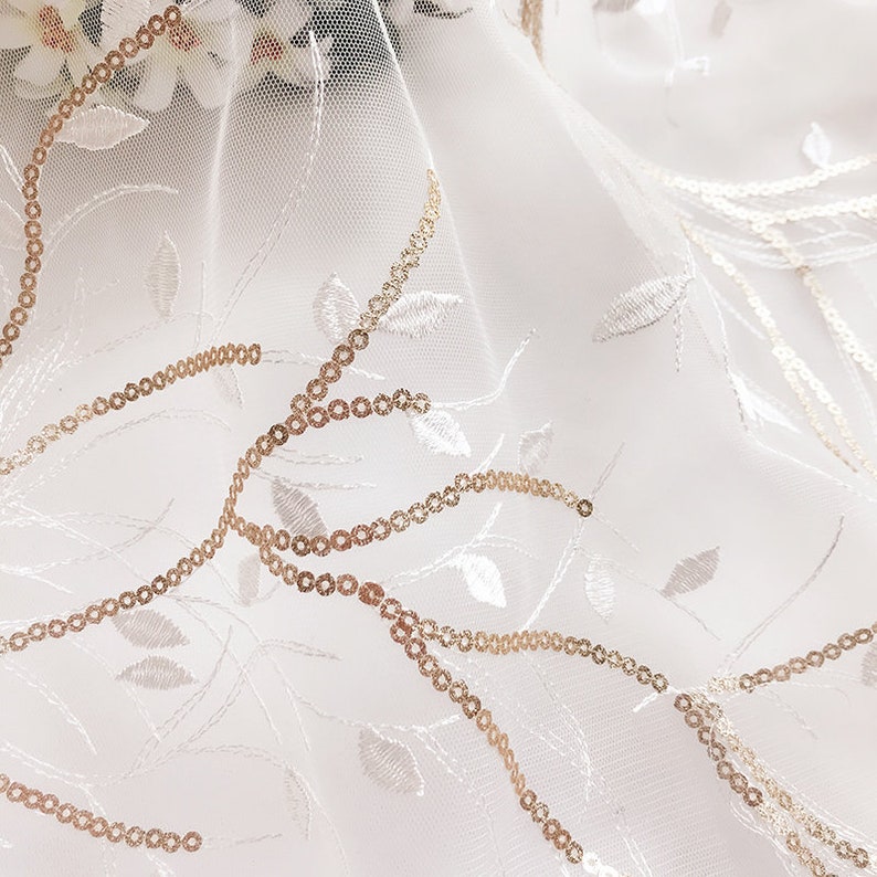 Lace Fabric ivory tulle gold sequin flower Floral Embroidered Tulle Fabric Dress Bridal Veil Floral 51 width 1 yard image 2