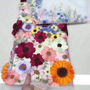 Tissu 3D en tulle brodé de fleurs denses multicolores colorés pour robe de mariée Tissu voile de mariée en dentelle 51 de large #3 white tulle