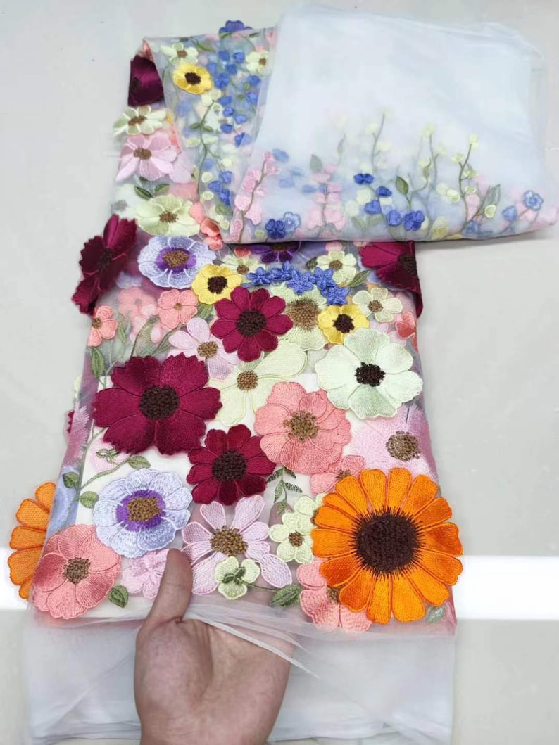 Tissu 3D en tulle brodé de fleurs denses multicolores colorés pour robe de mariée Tissu voile de mariée en dentelle 51 de large #3 white tulle