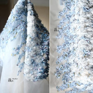 3D Smoke Blue Chiffon Flower Ivory Organza Lace Fabric Embroidery For Couture Dress Prom Dress For Wedding Dress Veil Costume Supplies
