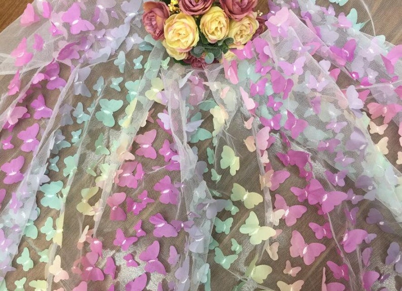 3D Rainbow Butterfly Lace fabric Gradient floral embroidery soft wedding lace bridal lace dress fabric veil lace 51 width by the yard
