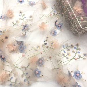3 colors New 3D Chiffon Floral Pompon Embroidery Tulle Lace Fabric Wedding Bridal Gown Lace Girl Dress Fabric Sell By the Yard