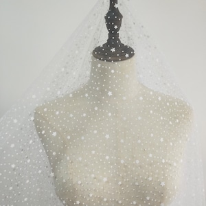 Lace fabric white tulle flocking star exquisite soft tulle fabric wedding lace bridal lace dress fabric veil lace 59&quot; width by the yard