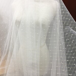 May include: White tulle fabric with a delicate pattern of silver thread. The fabric is sheer and has a soft, flowing texture.