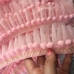 5 color Lace trim pink blue 3d pompom lace tutu tulle pleated ruffled Floding Lolita Lace wedding lace bridal lace dress fabric veil lace