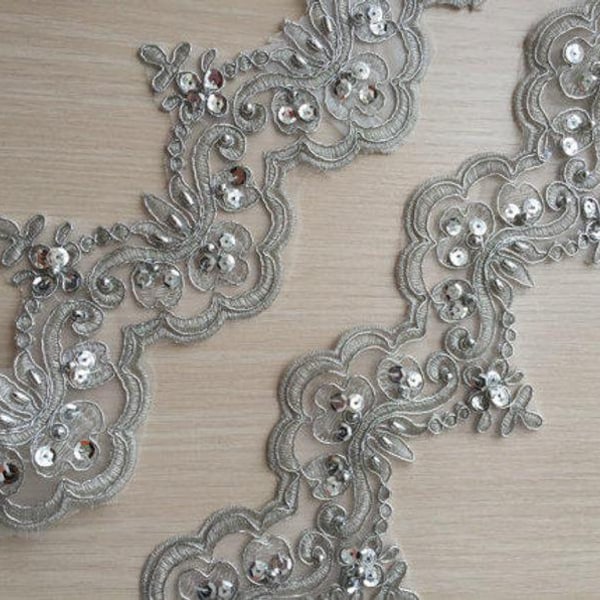1 Yards Silver Gray Alencon Lace Trim Pearl Beaded Sequined Lace Wedding Lace Trim Aulic Retro Lace 3.54 Inches