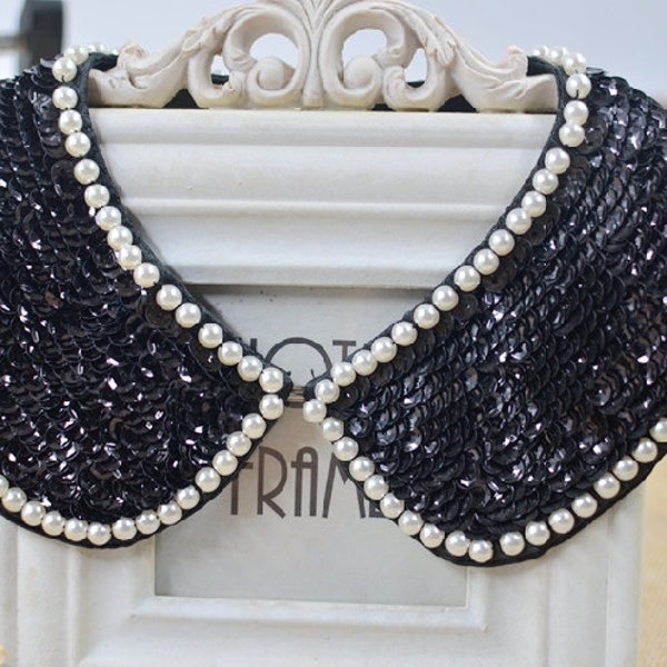 1 pc Lace Applique Collar Black Sequin White Bead Pearl Altered Clothing 36cm * 6.5cm