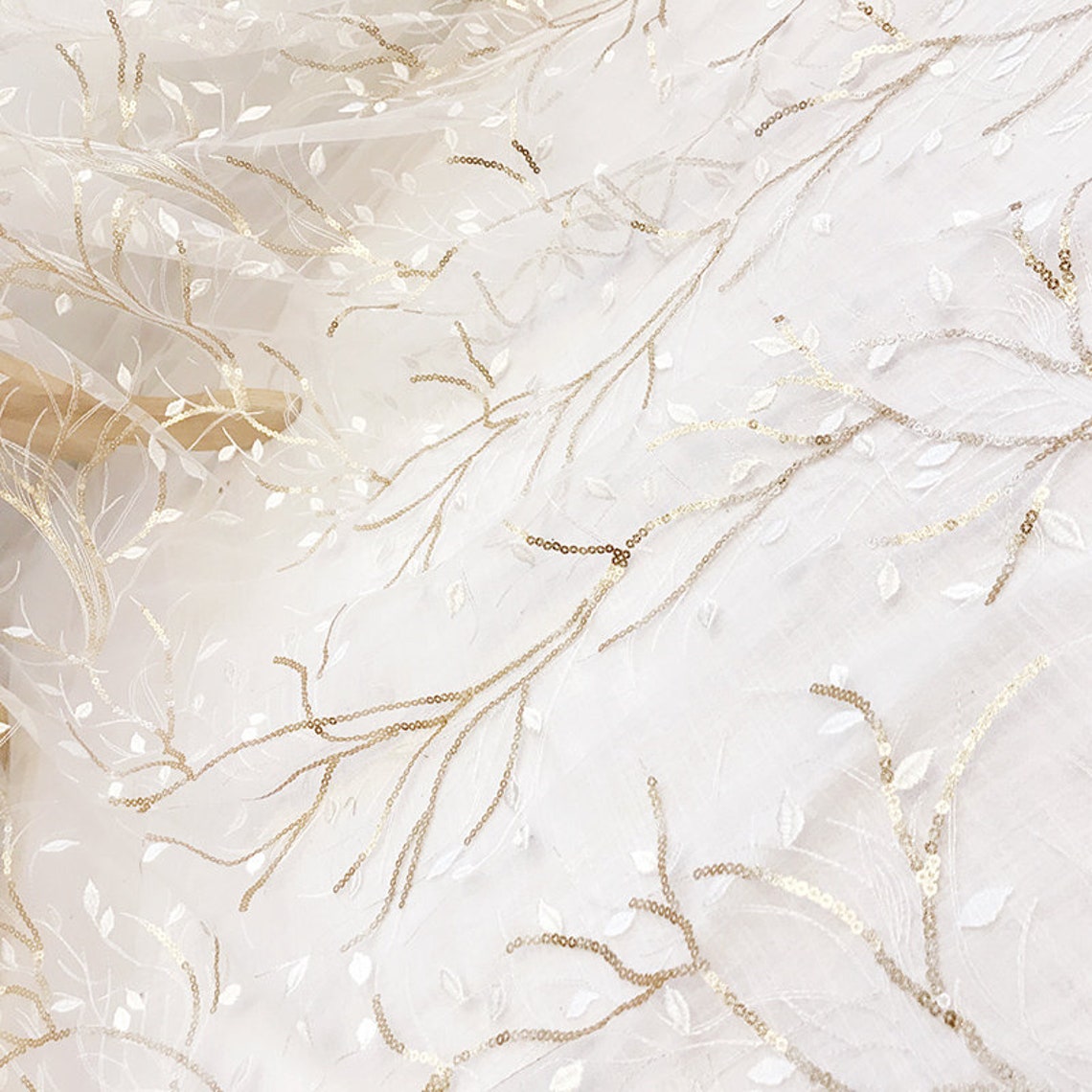 Lace Fabric Ivory Tulle Gold Sequin Flower Floral Embroidered | Etsy