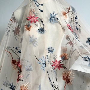Apricot soft tulle colorful flower embroidered floral lace fabric for baby dress ball gown floral wedding dress lace top 51&quot; width