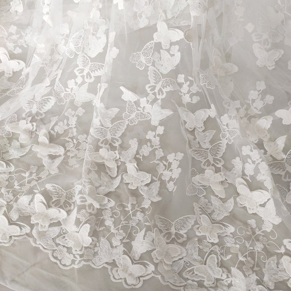 3D white butterfly white tulle exquisite embroidery soft tulle fabric wedding lace bridal lace dress fabric 59" width by yard