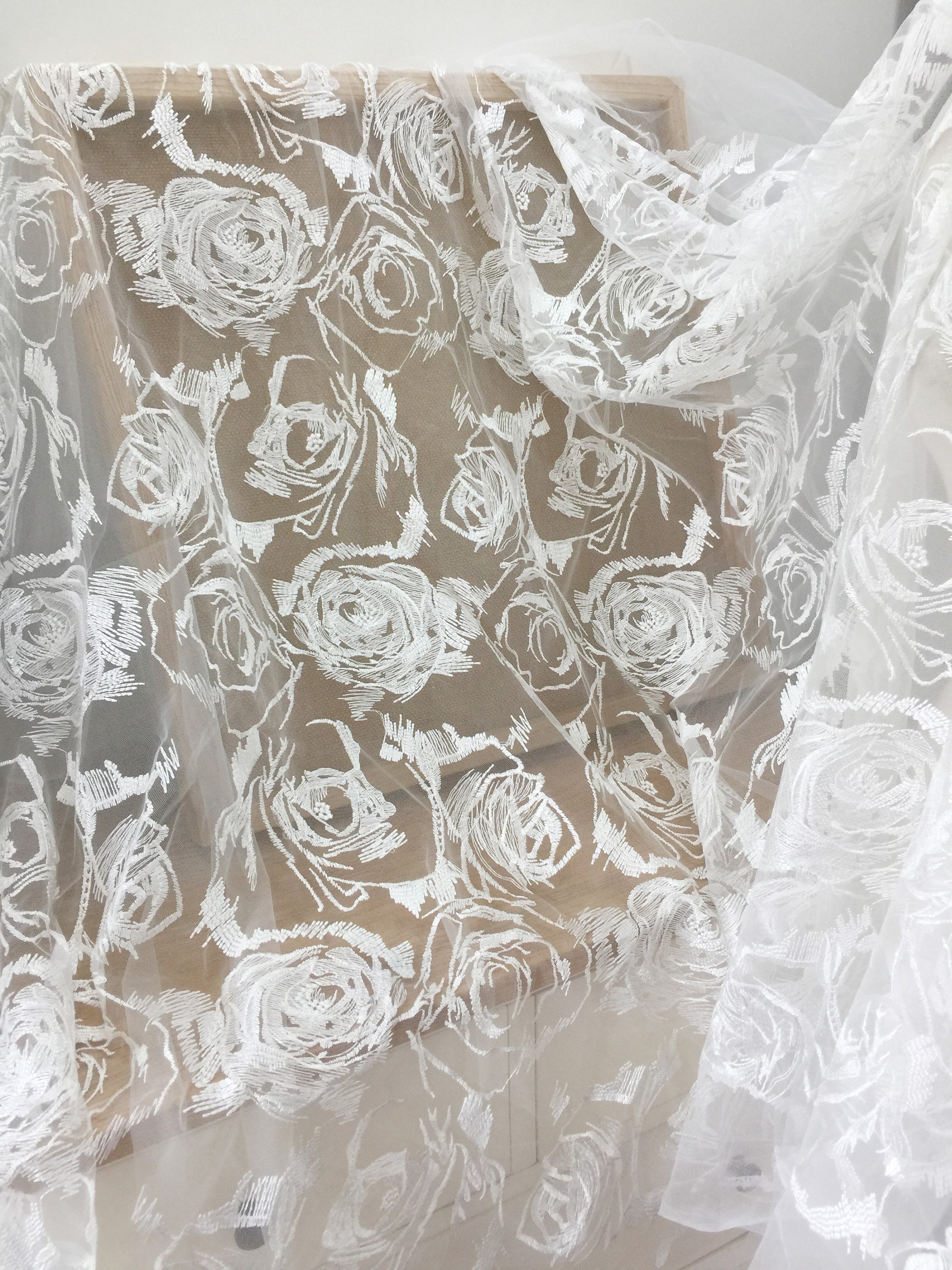 Lace Fabric Ivory Tulle Rose Flower Floral Embroidered Tulle Fabric ...