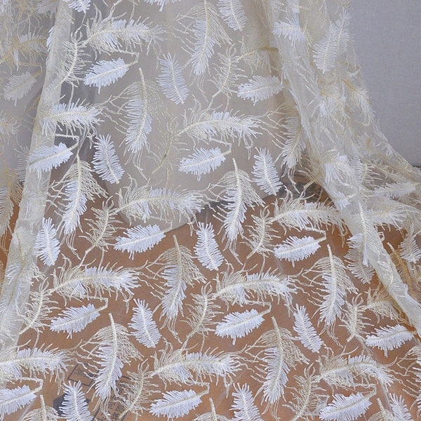 Lace fabric soft ivory tulle gold feather flower embroidery soft wedding lace bridal lace dress fabric veil lace 51" width by the yard